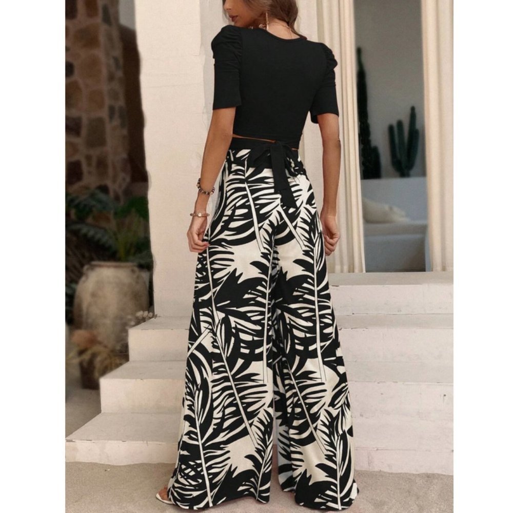 Black Boho Coord set tie Back Tee & Tropical Print Wide Leg Pants - Picture 6 of 7